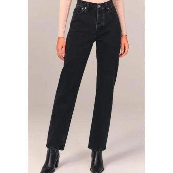Abercrombie & Fitch The Dad High Rise Jeans Curve Love Straight Leg Black, Long - Picture 1 of 9